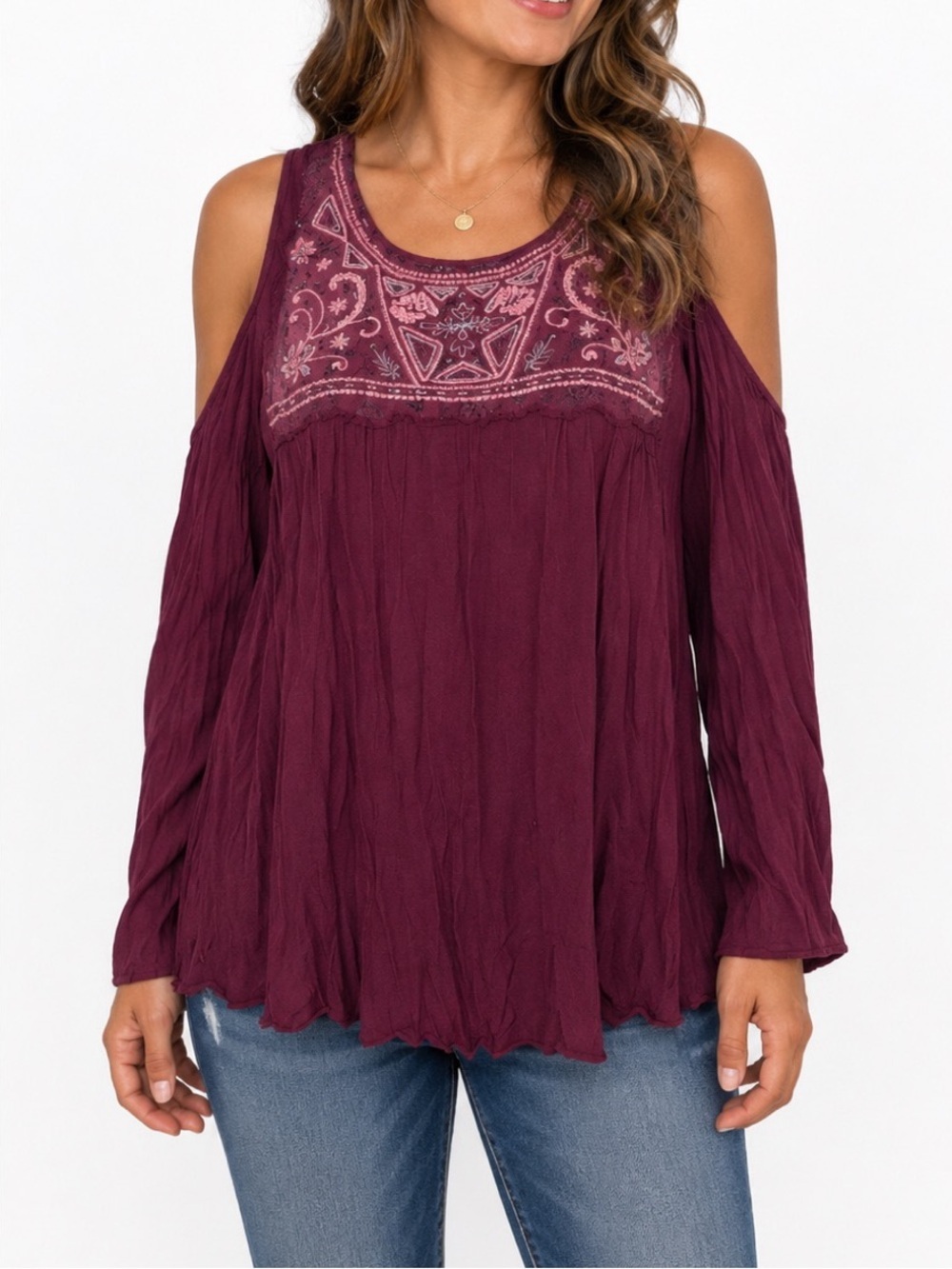 Xhilaration burgundy embroidered cold-shoulder blouse